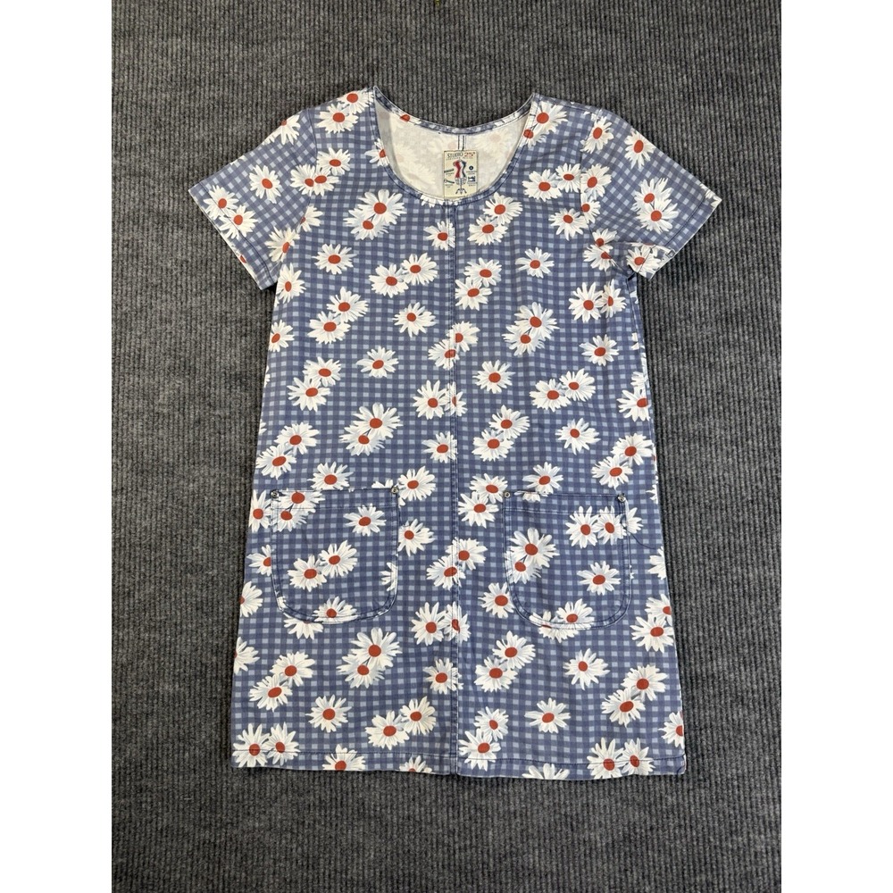 Studio 25 Blue Daisy Floral Shift Dress Size M Short Sleeve Cotton Knee Pockets